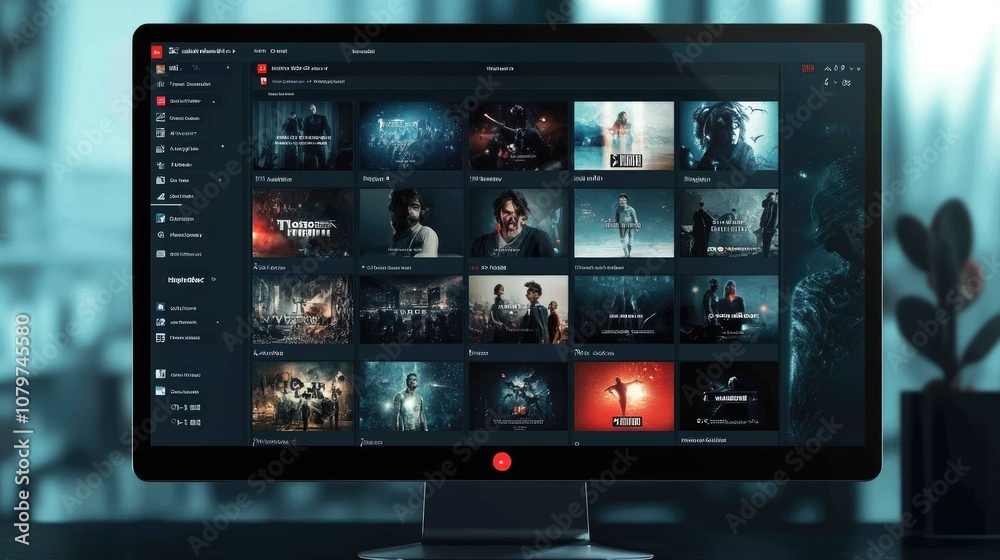 Poster A computer screen with a video hosting platform interface, showing categories of movies, TV shows, and a user account section