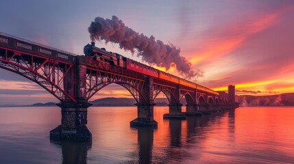 Fototapeta premium A train bridge spans across a river, bathed in the warm glow of the setting sun. The peaceful scene captures the silhouette of the structure against the soft colors of the evening sky.