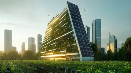 A solar-powered vertical farm using solar panels to provide energy for hydroponic farming systems, producing organic food in an urban setting for local communities.