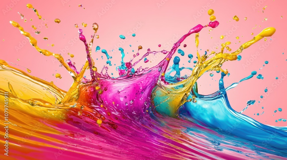 Aufkleber A dynamic 3D illustration of liquid splashes in vibrant colors against a bright pink background, creating an abstract and playful visual effect