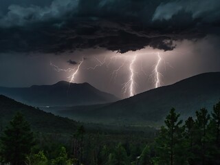 Dramatic Lightning Strikes Illuminating a Mountainous Landscape