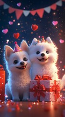 Obraz premium Two Adorable Puppies Celebrating Birthday with a Gift