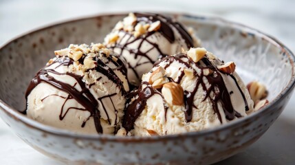 A creamy scoop of ice cream topped with rich chocolate syrup, served in a crispy cone. The perfect sweet treat, blending smooth, cold flavors with a crunchy finish.