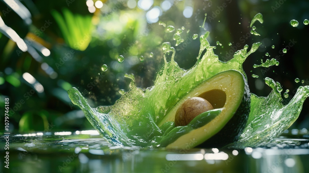Poster a fresh avocado creating a splash of green liquid as it plunges into a smooth, vibrant mixture, surr