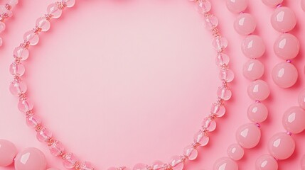 A collection of pink beads arranged on a pink background, showcasing jewelry design elements.