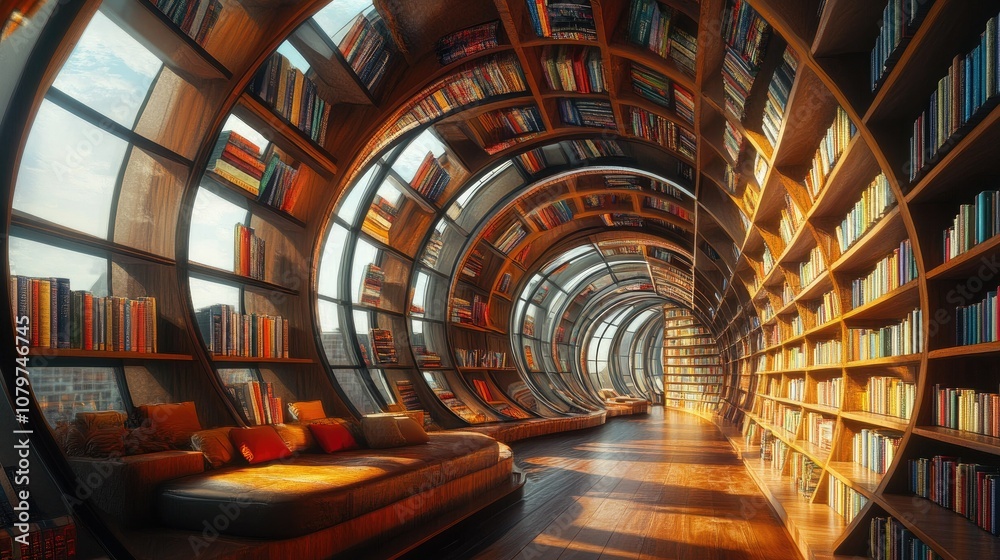 Poster a library with a curving bookshelf, the shelves stocked with vibrant books that converge in a surrea