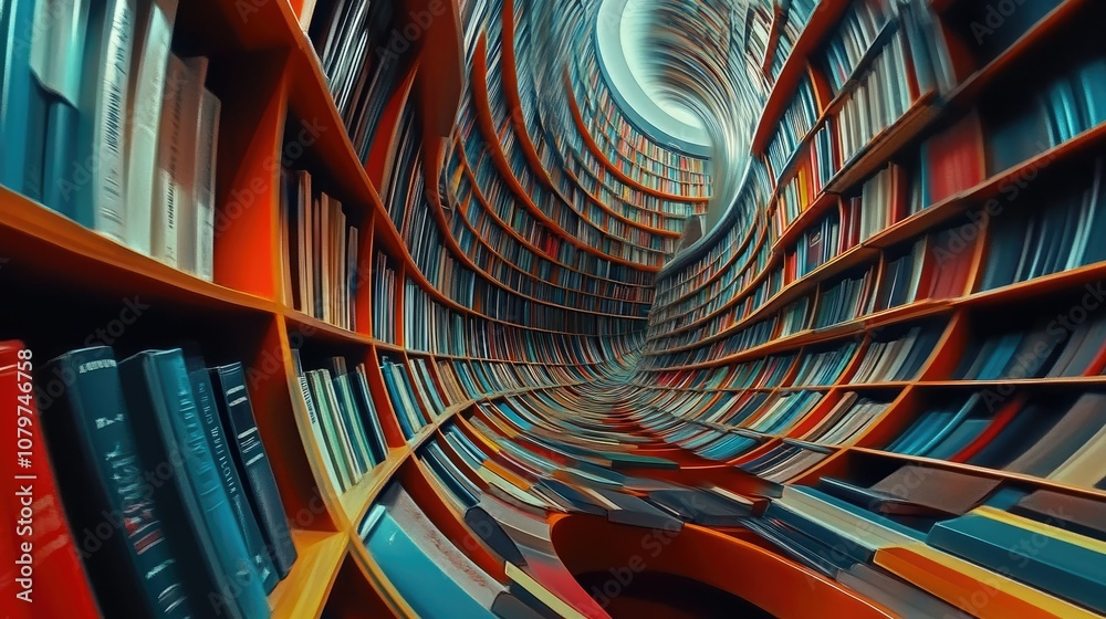 Poster a library with a curving bookshelf, the shelves stocked with vibrant books that converge in a surrea