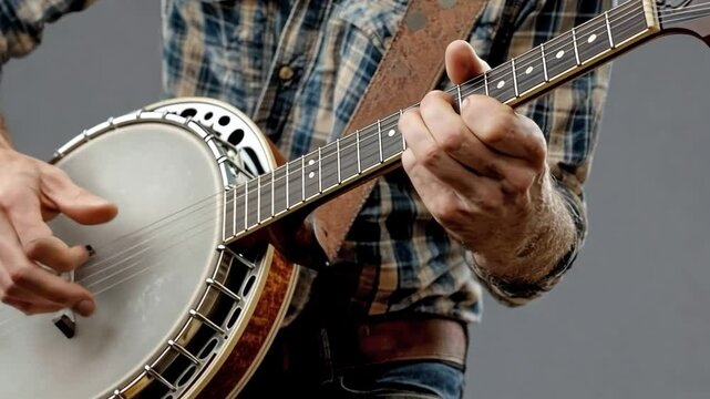 Banjo Player Close-up: A musician's hands deftly strumming the strings of a banjo, showcasing the intricate details and skilled technique of bluegrass music.  