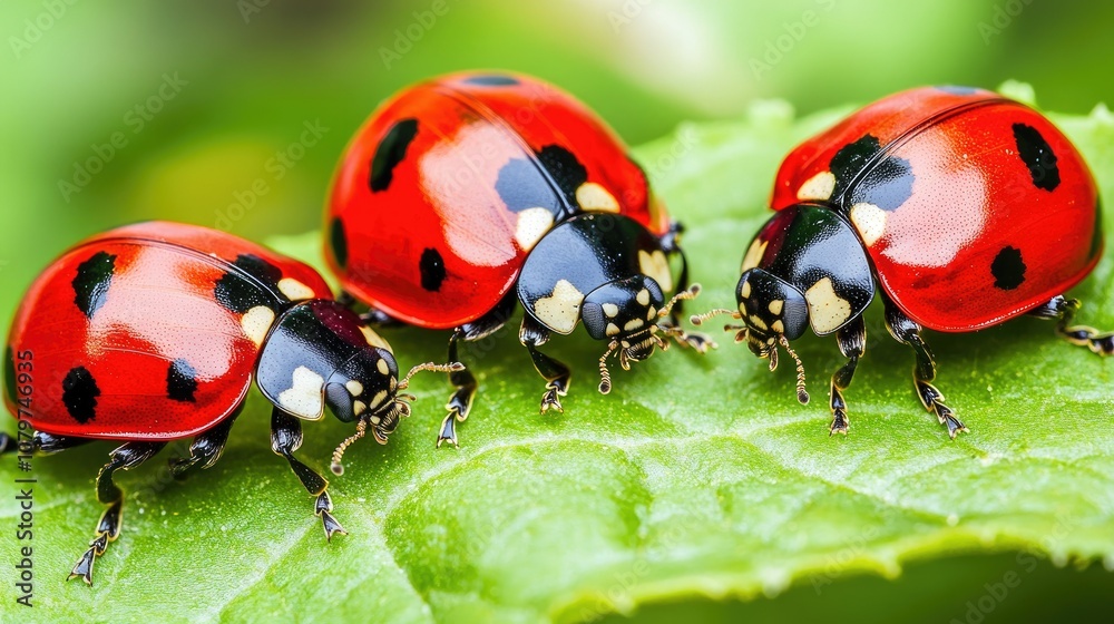 Poster A macro shot of ladybugs on a soft green leaf in a sunny garden, showing the intricate patterns of their wings