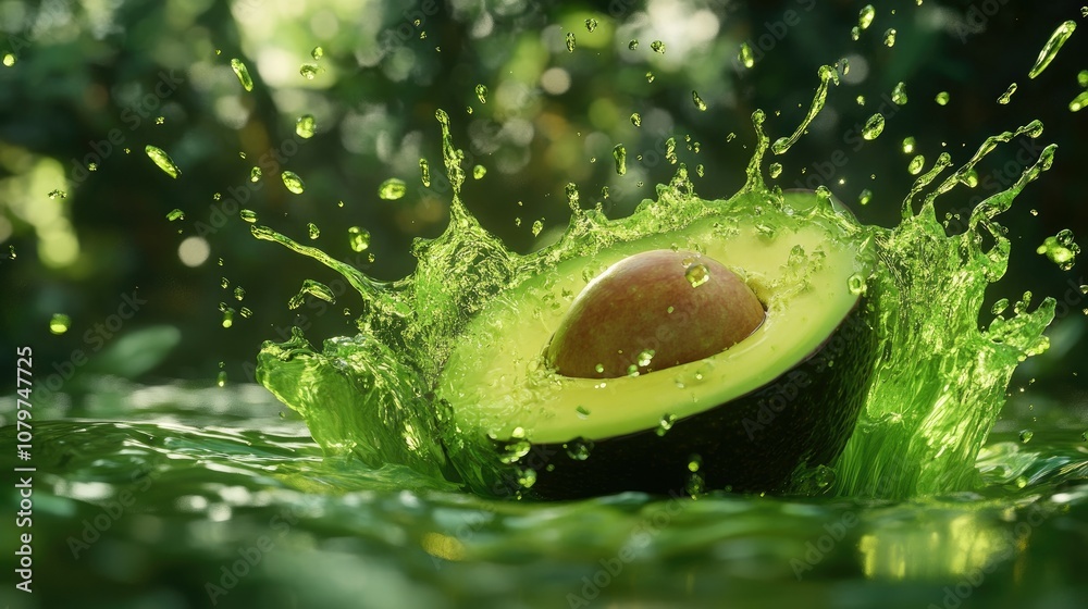 Poster a ripe avocado splashing into a vibrant green liquid, with droplets flying in all directions, surrou