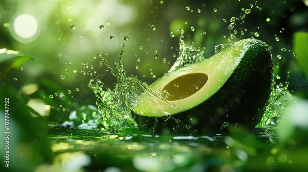 Poster a ripe avocado splashing into a vibrant green liquid, with droplets flying in all directions, surrou