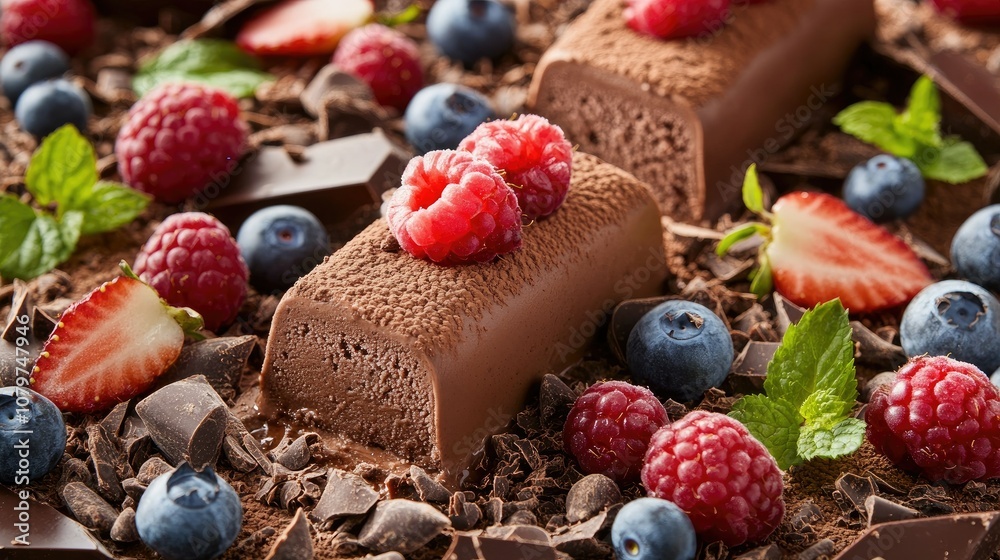 Poster a scene featuring chocolate ice cream bars with a rich cocoa coating, surrounded by fresh berries an