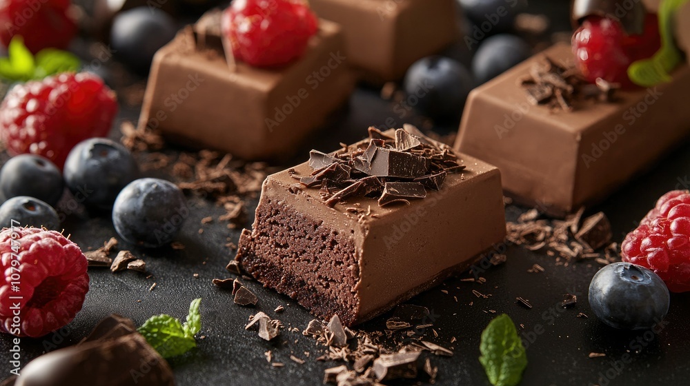 Poster a scene featuring chocolate ice cream bars with a rich cocoa coating, surrounded by fresh berries an