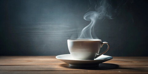 A steaming cup of coffee on a rustic wooden table. Perfect image for morning vibes, warmth, and relaxation, ideal for cafes, blogs, or promotions.