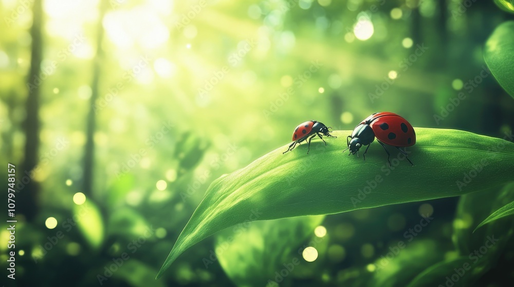 Poster A serene image of ladybugs resting on a smooth green leaf in the forest, with a soft blurred background of trees and sunlight