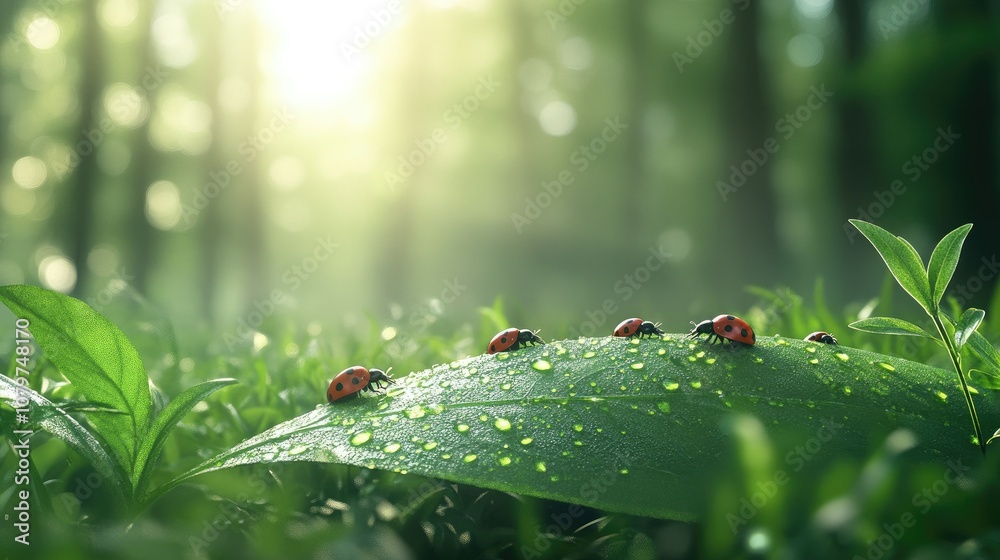Poster A serene image of ladybugs resting on a smooth green leaf in the forest, with a soft blurred background of trees and sunlight
