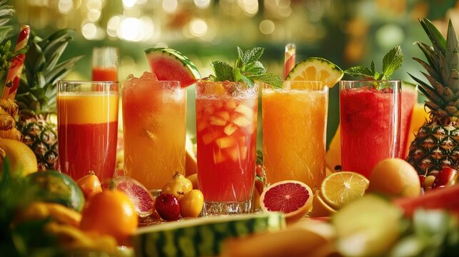 A vibrant display of fresh fruit juices in clear glasses, each one garnished with mint leaves and surrounded by juicy fruits like pineapple, watermelon, and citrus slices