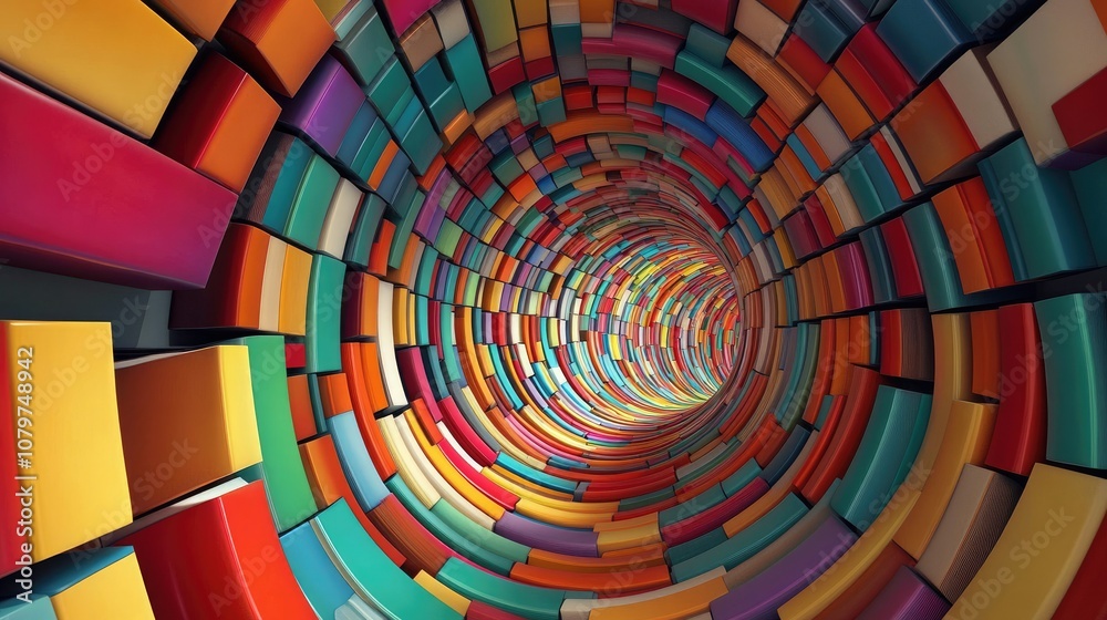 Poster A visual of an abstract curved bookshelf with vivid, multicolored books arranged in a way that creates a surreal, endless tunnel illusion