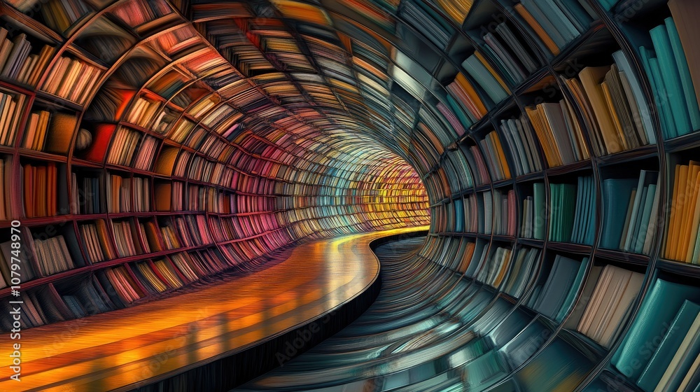 Aufkleber A visual of an abstract curved bookshelf with vivid, multicolored books arranged in a way that creates a surreal, endless tunnel illusion