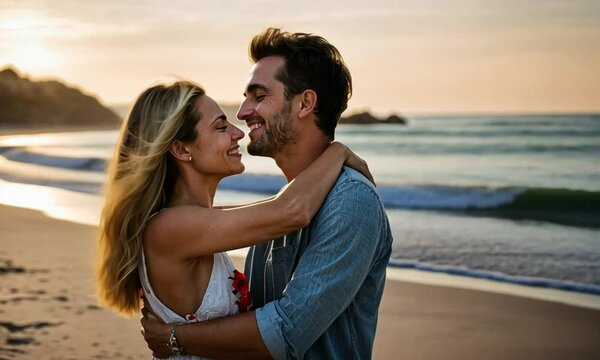 Man and woman embracing romantically in a beach