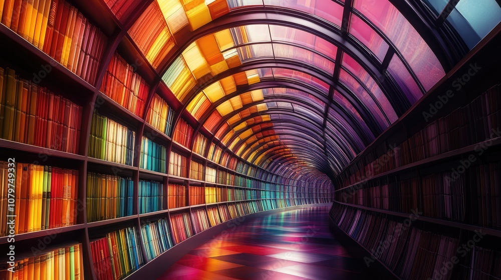 Poster Abstract architecture of a curved bookshelf filled with bright, colorful books, creating a surreal and infinite tunnel effect in a modern library