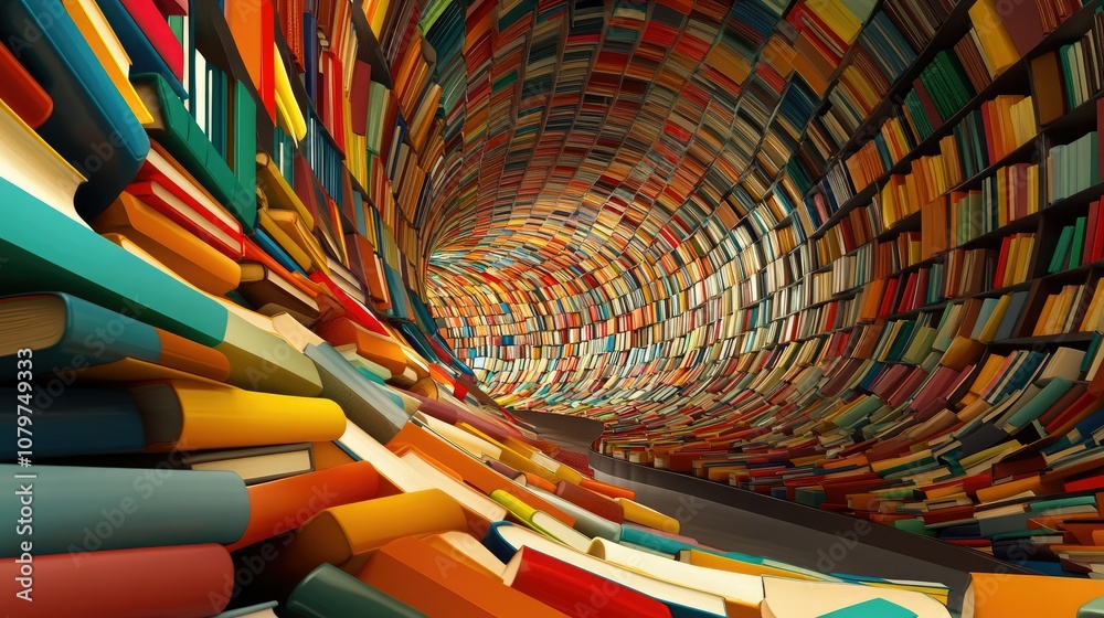 Aufkleber Abstract architecture of a curved bookshelf filled with bright, colorful books, creating a surreal and infinite tunnel effect in a modern library