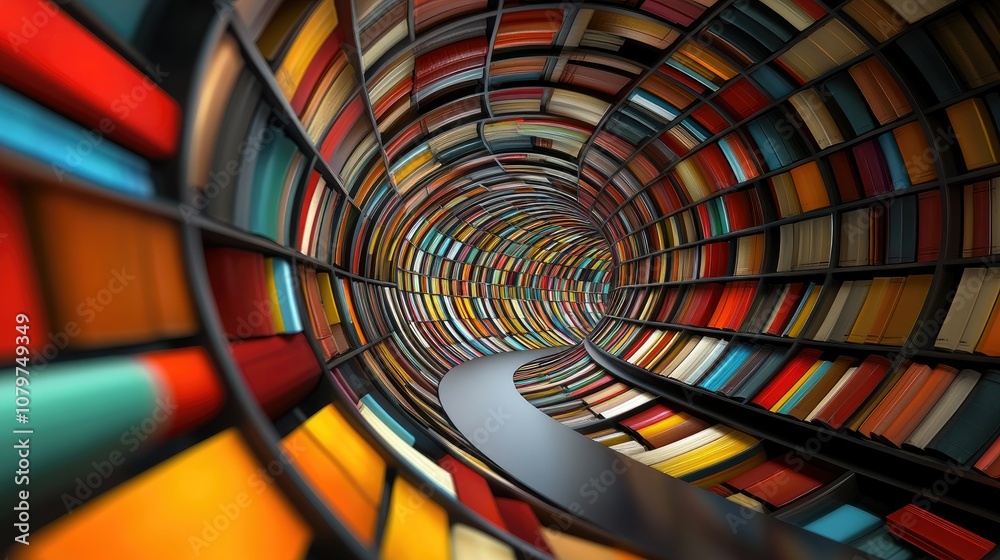 Aufkleber Abstract architecture of a curved bookshelf filled with bright, colorful books, creating a surreal and infinite tunnel effect in a modern library