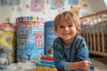 Little Boy Drawing on Wall with Crayons in Bedroom Next to Baby Crib Creative and Messy Child's Prank