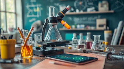 A well-equipped laboratory featuring a microscope, beakers, colorful liquids, and a tablet, creating an engaging environment for scientific exploration.
