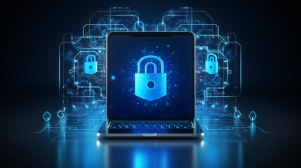 Fototapeta premium Digital Security Concept with a Laptop Featuring a Lock Icon and Futuristic Data Protection Elements Against a Dark Background