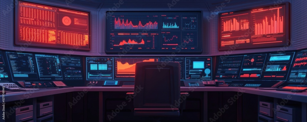 Poster a futuristic command center filled with illuminated screens displaying data visualizations and graph