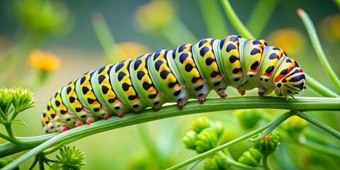 Fototapeta premium The swallowtail caterpillar, Papilio Machaon, stands out against the green leaf in this aerial shot.