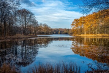 Obraz premium Tranquil lake with colorful autumn trees reflected in the water.