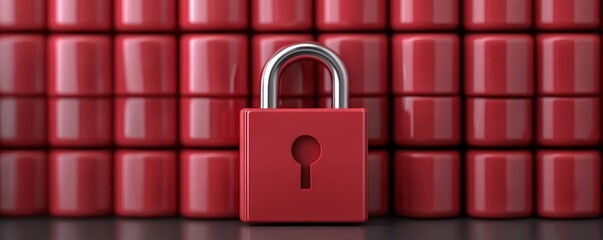 A shiny red padlock stands in front of a backdrop of identical red cylinders, symbolizing security and protection.
