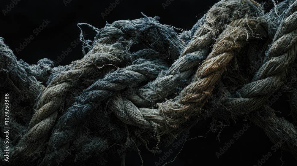 Poster detailed view of a frayed, thick rope unraveling against a deep black background, capturing the rugg