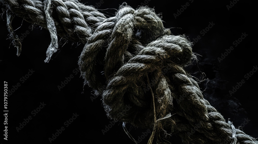 Poster detailed view of a frayed, thick rope unraveling against a deep black background, capturing the rugg