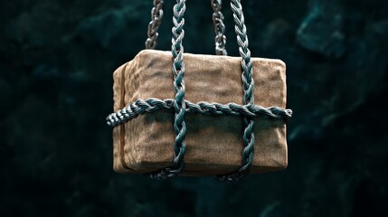 Fototapeta premium Mysterious Cargo Box Hanging With Rope Against Dark Background