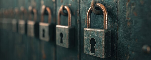 A close-up of vintage locks on lockers, showcasing their rusted metal and intricate keyholes, highlighting security and nostalgia.