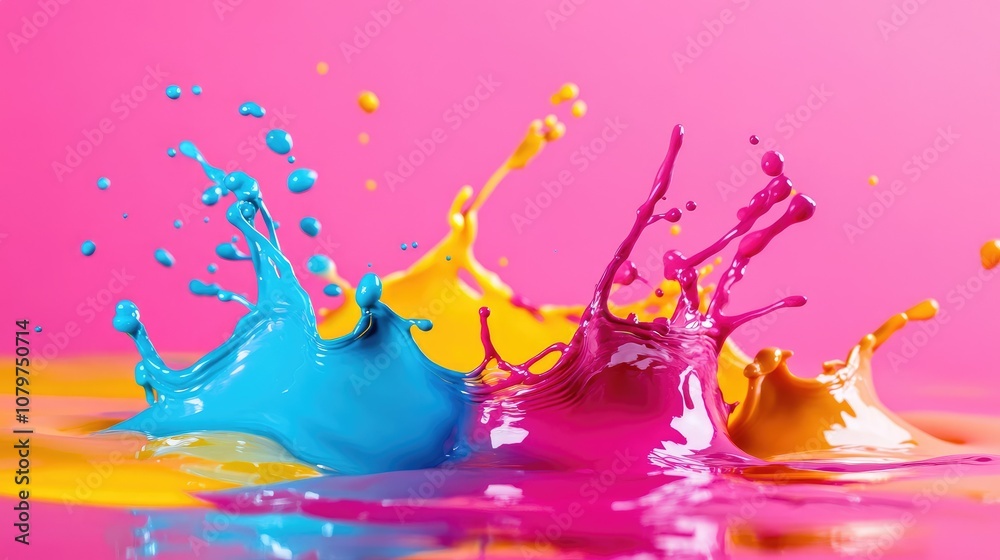 Poster liquid splashes in bright colors against a bold pink background, designed in a 3d abstract style, cr