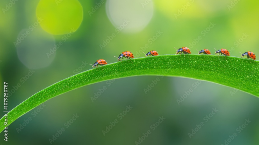 Poster multiple ladybugs gathering on a green leaf against a blurred green backdrop, creating a peaceful, n