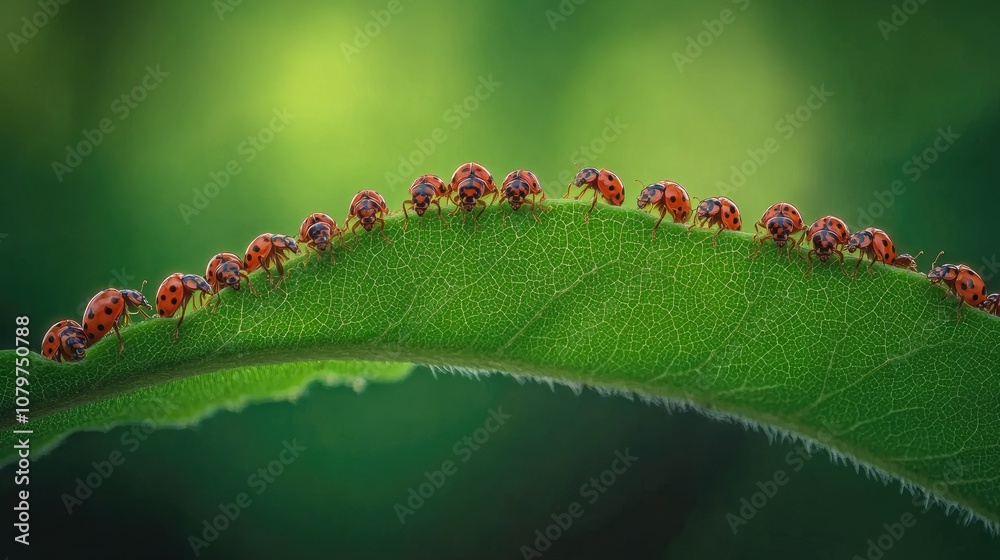 Poster multiple ladybugs gathering on a green leaf against a blurred green backdrop, creating a peaceful, n