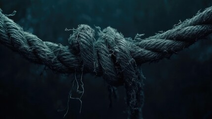 Macro shot of a frayed, thick rope with loose fibers against a deep, dark background, showcasing the worn texture and tactile details