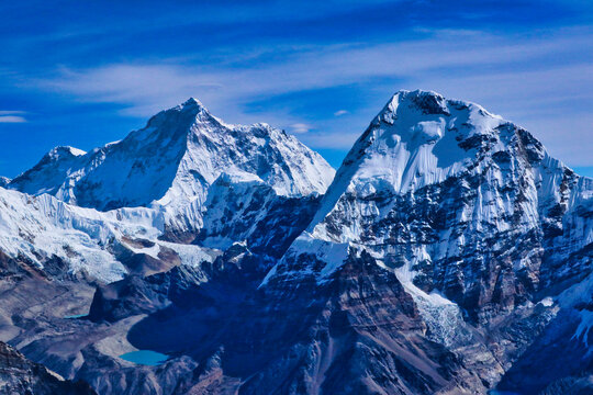 Stunning view of Mount Makalu summit and south west face,8485m,5th highest mountain with Chamlang,7319 m in the foreground seen from summit of Mera Peak Central,6461 m,Mera Peak Expedition,Nepal 