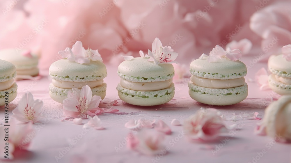 Poster soft and romantic floral macarons with a hint of mint placed artfully on a pale pink textured surfac