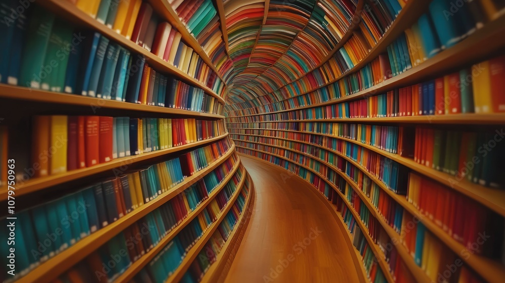 Poster Surreal curved bookshelves filled with brightly colored books, creating a unique perspective of a tunnel that seems to go on forever
