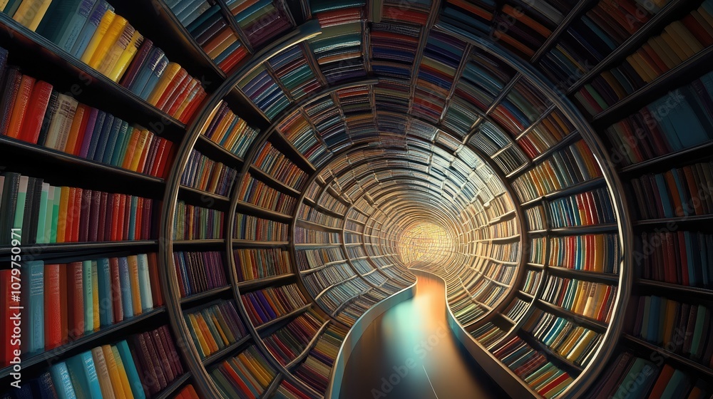 Aufkleber Surreal curved bookshelves filled with brightly colored books, creating a unique perspective of a tunnel that seems to go on forever