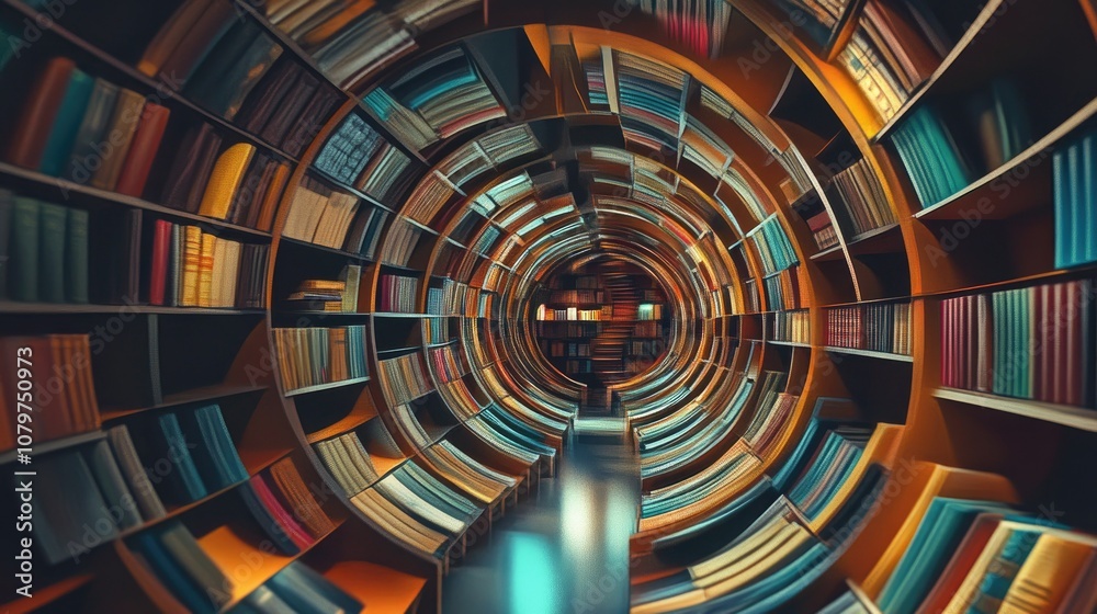 Aufkleber surreal curved bookshelves filled with brightly colored books, creating a unique perspective of a tu