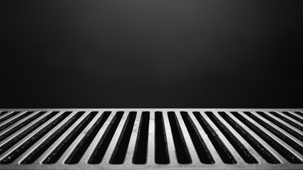 A sleek, metallic grate set against a dark background, emphasizing patterns and textures, possibly suggesting themes of design or industrial settings.