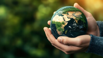 A person gently holds a small globe, symbolizing care for the Earth and its natural beauty against a blurred green background.