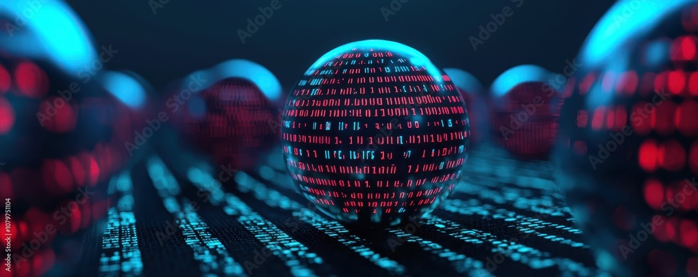 Poster a futuristic scene with glowing spheres displaying binary code on a dark background, symbolizing tec